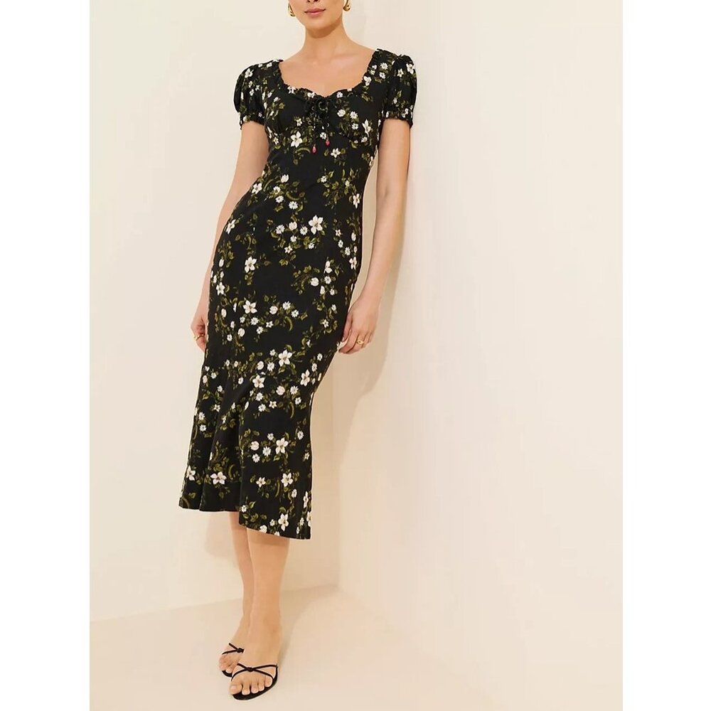 Anthropologie Maeve Linen Blend Puff Sleeve Sweetheart Midi Dress XXS 2XS
